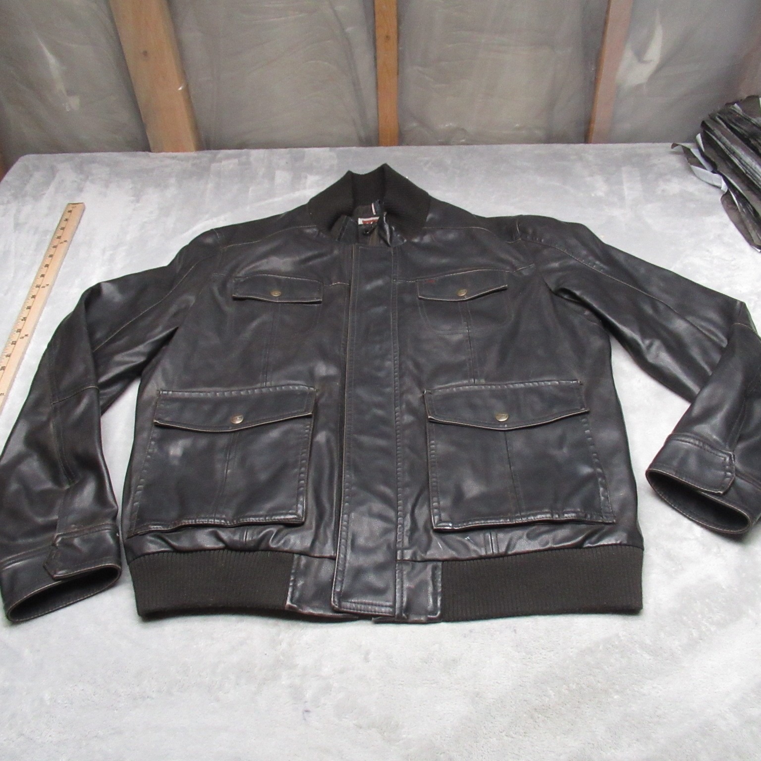 Levis Aviator Bomber Jacket Mens Xl Brown Faux Leather Quilt Lined Full Zip
